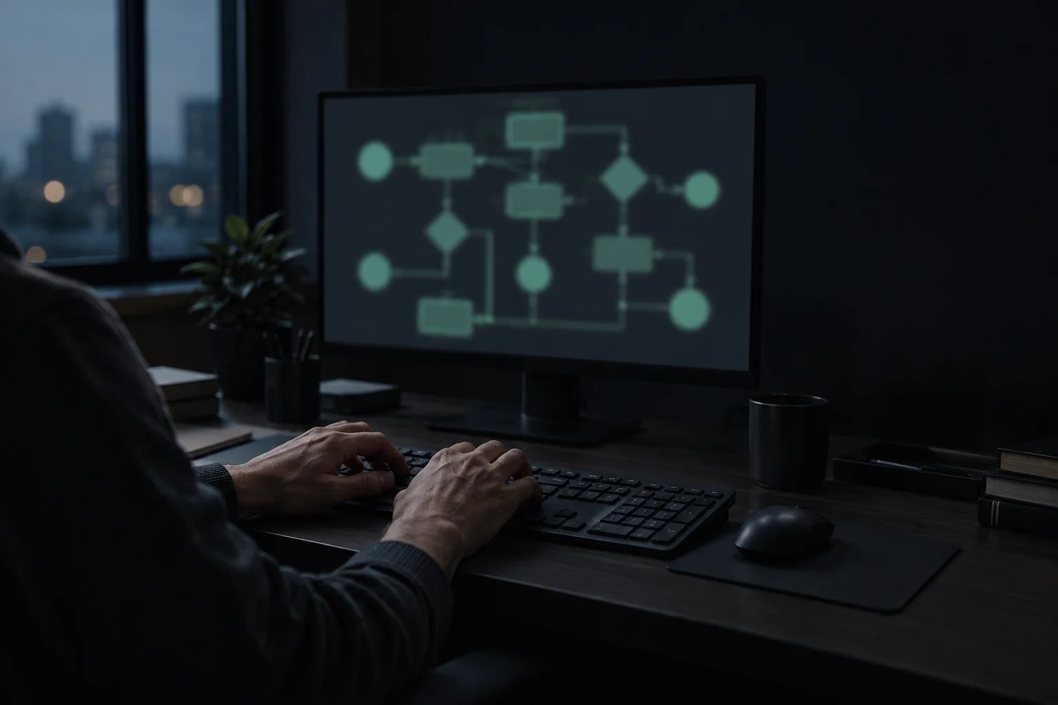 Hände an einer Tastatur, im Hintergrund ein Monitor mit einem Ablaufdiagramm