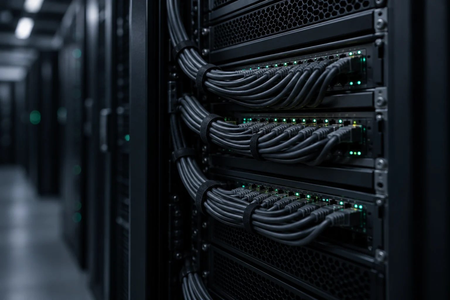 Server-Rack mit gebündelten Netzwerkkabeln und grünen Status-LEDs