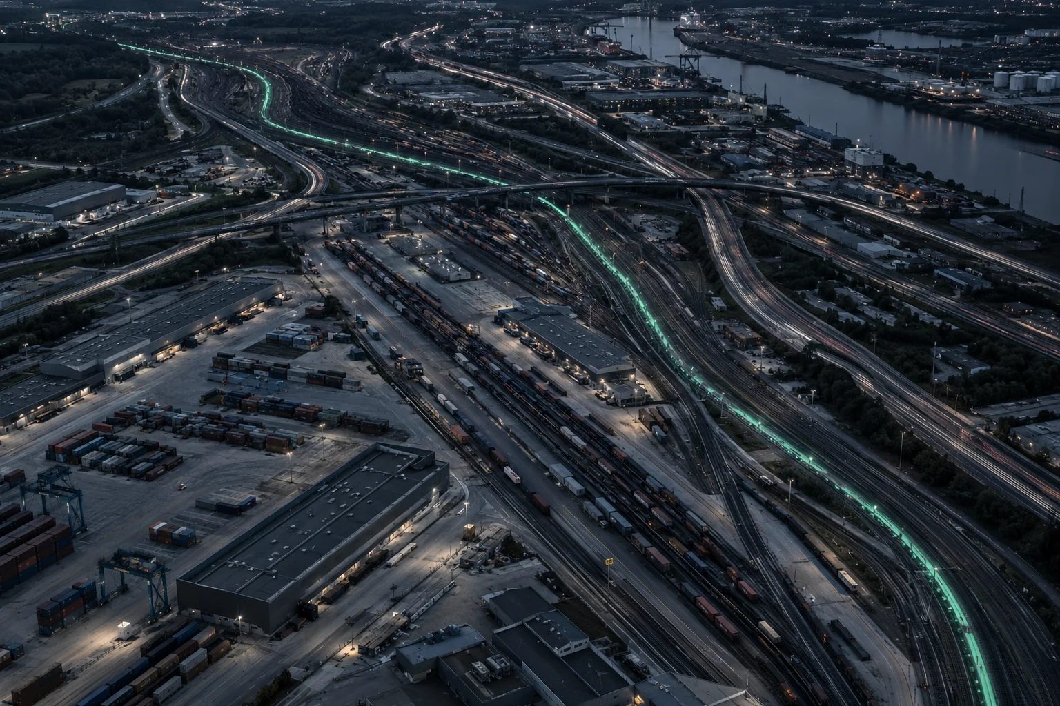 Luftaufnahme eines Güterbahnhofs in der Dämmerung mit hervorgehobener Route